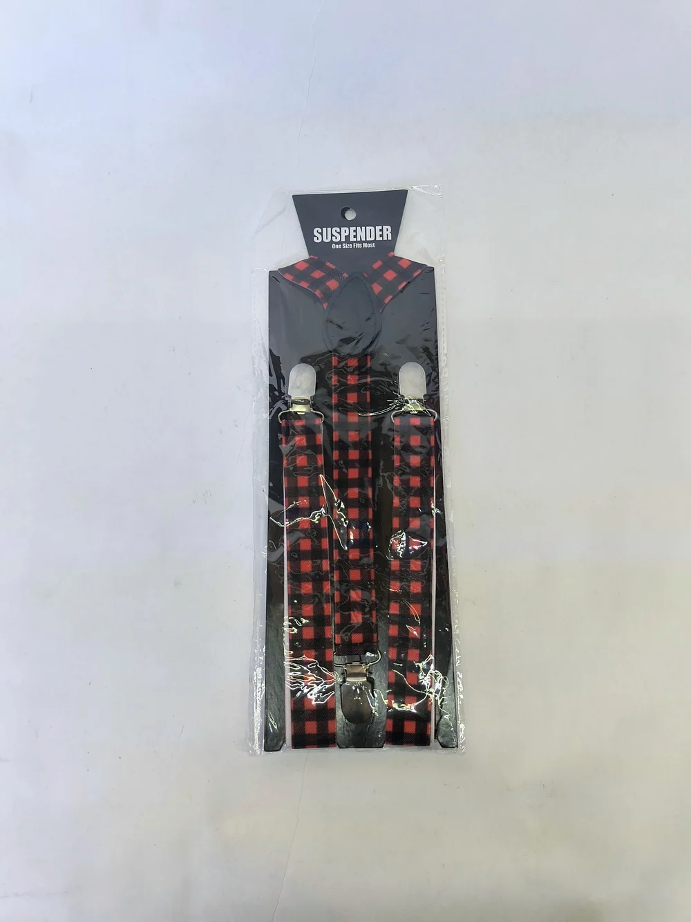 KALAN Boys Red Black Plaid Gingham Elastic Suspenders New